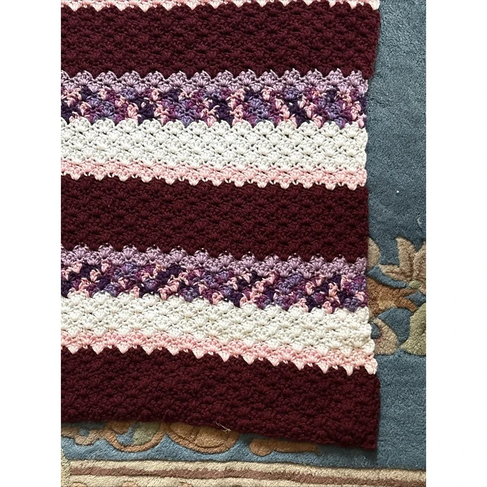 Handmade Crochet Pink Red Purple Stripe Lap Blanket 32